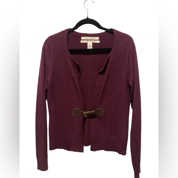 Max Studio Women’s  Merino Wool Blend Maroon Faux Leather Belt Cardigan Large - Picture 1 of 4